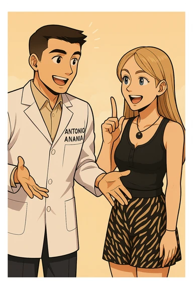 fai un webtoon/manga a colori con questo kinesiologo in camice bianco (fagli la scritta "ANTONIO ANANIA" SUL CAMICE) CHE PARLA CON QUESTA RAGAZZA CON GLI OCCHI AZZURRI. la ragazza lo guarda entusiasta con un indice alzato, IL KINESIOLOGO ha un espressione felice e la aspetta a braccia aperte. NON FARE I FUMETTI, FAI SOLO LORO COME SE DIALOGASSERO sticker