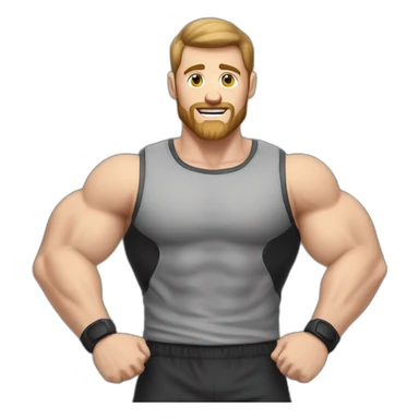 Close up Actively gesturing  with hands Pale skinned Fit Man With the biceps and brown hair in dark gray Sleeveless Mike, black oversize sports shorts, watch and white Sneakers sticker