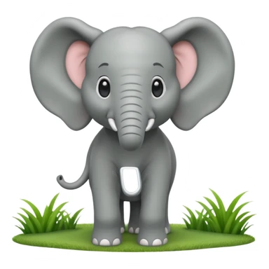 A large 3D cartoon elephant standing on green grass, smooth gray skin, big ears, curved trunk raised slightly, gentle smile, bright natural sunlight, Memoji-style. sticker