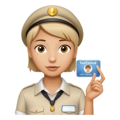 A young short-haired female tour guide wore a white shirt and showed everyone her license, which was horizontal. sticker