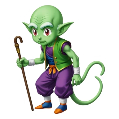 Piccolo from Dragon Ball looking like an old man hunched over using a cane sticker