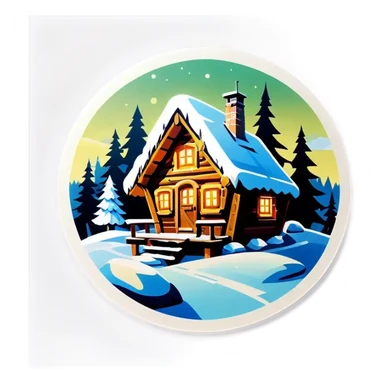 Schneebedeckte Hütte im Wald mit einem Glasdach Nordlichter am Himmel sticker