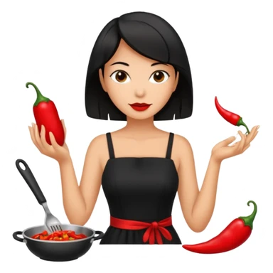 black short shoulder length hair tanned woman, black dress cooking, holding chili pepper sticker