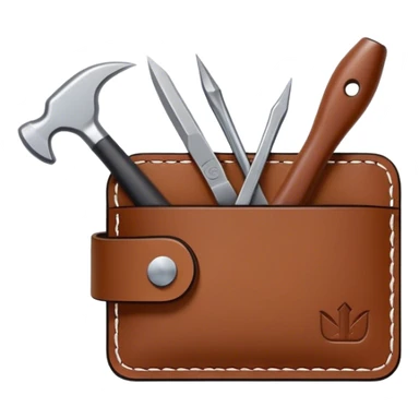 Leatherworking icon, piece of raw leather being crafted into a leather wallet or belt, professional tools like leather stitching awl, edge beveler, hammer, prying tool, minimalistic style, clean lines, transparent background. sticker