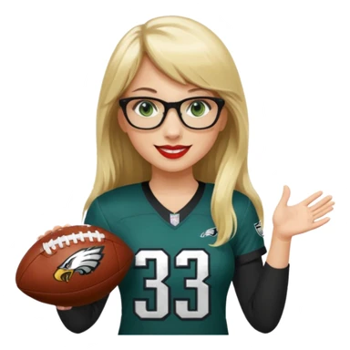 full length women wearing eagles uniform, long blonde hair, bangs, green eyes, black glasses, holding football, number 33, smiling, lipstick sticker