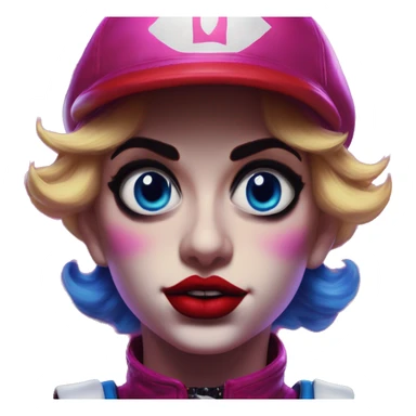 Synthwave Mario in Harley Quinn style, oil paint, mysterious eyes, intricate lips, masterpiece portrait, odd perspective, beautiful, desirable, logical sticker