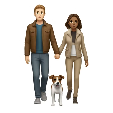 Couple with brown hair and beige jackets and brown pants holding hands on a late night walk with a jack russell terrier sticker