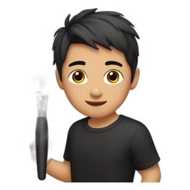 a Asian boy wearing black t-shirt and holding make up tools sticker