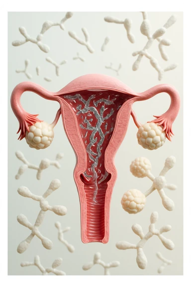 utero umano realistico con batteri della candida intorno, la foto si deve vedere per intero in formato verticale, sullo sfondo neutro chiaro ci sono batteri della candida, iperrealistico 4k sticker