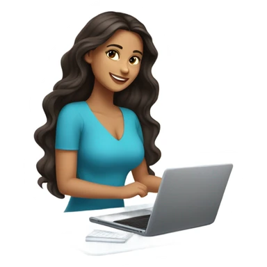Beautiful girl smiling, dark brown hair,wavy hair，long hair,Black eyes,Latina, typing on laptop  sticker
