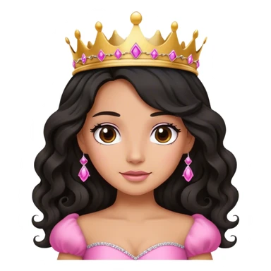 Very tanned princess, with long black wavy hair and a crown, a pink princess Outfit. In love sticker