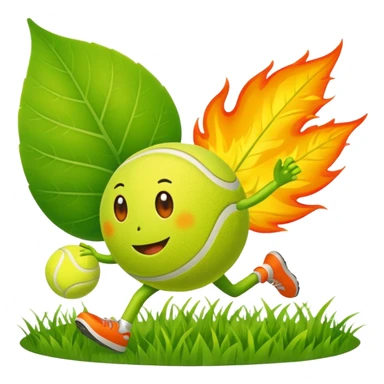 cartoon characters from bfdi, including a leaf, fire, and tennis ball, happily running in a grassy field sticker