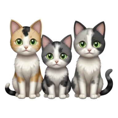 3 different coloured small cats including a dark grey and white, and a patchy calico and a completely solid dark grey with green eyes and only white paws sticker