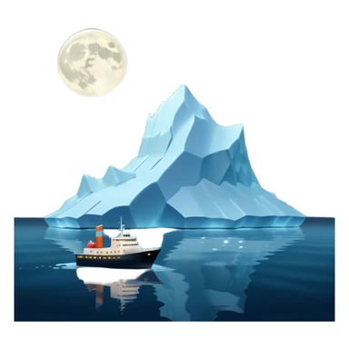 A 3D iceberg in Apple Memoji style, no face, smooth and glossy, floating in dark ocean at night, soft moonlight, subtle reflections, minimal style. A tiny ship in the distance approaching. Pixar-style render, cinematic and clean.
 sticker