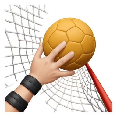A close-up of a hand gripping a handball, with the handball gates visible in the background. The focus is on the texture of the ball and the strength of the grip, with the goal net slightly blurred to emphasize the anticipation of the throw. sticker