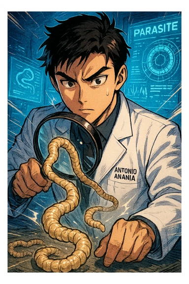 A dynamic manga/webtoon-style illustration of a young male kinesiologist wearing a clean white lab coat, analyzing light beige worms like a tapeworm under a magnifying glass. His expression is focused and slightly intrigued, with sharp, detailed eyes. The art style is vibrant, with bold linework, rich colors, and dramatic lighting. The background is a futuristic laboratory with glowing holographic screens displaying parasite data. The tapeworm is intricately drawn, slimy and segmented, with a slightly exaggerated yet realistic texture. The composition is dynamic, with motion lines or energy effects to emphasize his scientific investigation. The atmosphere is intense but not dark, keeping a balance between scientific seriousness and stylish manga aesthetics, he has "ANTONIO ANANIA" WRITTEN ON WHITE LAB COAT sticker