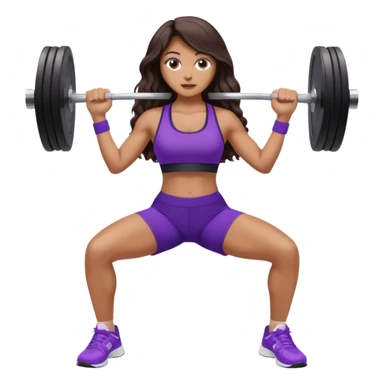 mujer de tez trigueña, con cabello castaño oscuro ondulado no muy marcado, con el cabello hasta las nalgas super largo estilizado, con ropa deportiva morada/lila, tenis blancos deportivos y levantando una pesa sticker