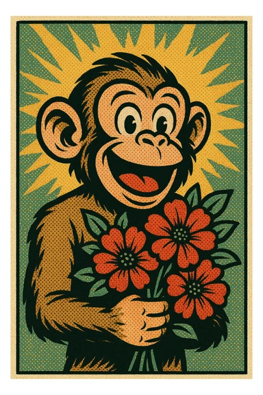 front view,  monkey with flowers, bust up sticker