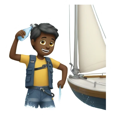 boy pouring water from a hose onto a sailboat  sticker