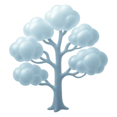 one tree with many branches and a white trunk, crown made of small very bright white fluffy convex clouds, matte glass style sticker
