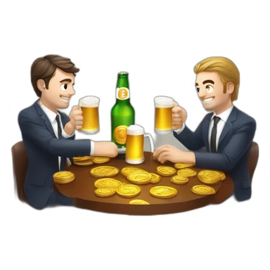 Ceo of coinhouse Nicolas louvet and ceo of cube3 Valentin Demé drinks a beer with bitcoin around him sticker