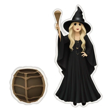 Stevie nicks in a black hat in a witchy dress holding a tambourine. sticker