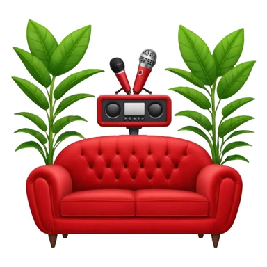 red velvet luxury loveseat with a mic in front and houseplant in back sticker