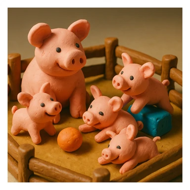 claymation style pig family in a wooden pen, piglets playing, colorful and cheerful sticker