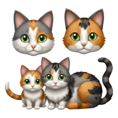 3 different coloured small cats including a dark grey and white, and a patchy calico with hazel eyes and a completely solid dark grey with green eyes and only white paws sticker