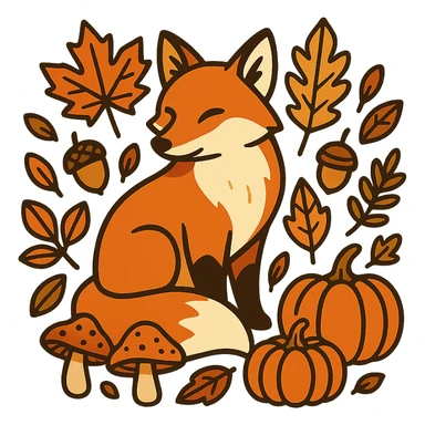 t-shirt design, vector illustration of a fox surrounded by autumn elements (fallen leaves, acorns, mushrooms, pumpkins), warm autumn color palette (orange, red, yellow, brown), clean bold lines, detailed but stylized, centered composition, no background, isolated graphic, modern flat style sticker