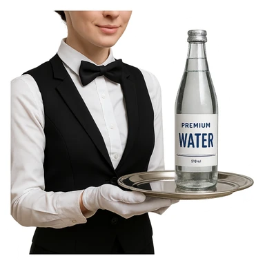 premium water bottle exposed on a premium plate by a high standard waitress sticker