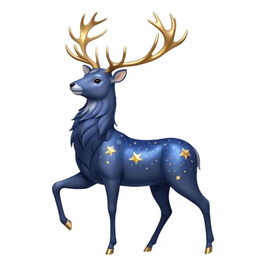 Celestial Stag emoji – full body, majestic stag with shimmering silver body and deep midnight-blue fur, tall glowing golden antlers shaped like constellations, small star accents, slight side angle sticker