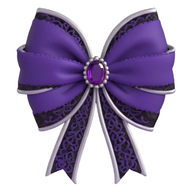 3D emoji gothic bow, deep violet velvet, ornate silver brooch, and black lace trim sticker