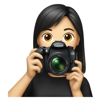 A woman of Asian descent, with bangs and her hair tied back, dressed in black, is taking a photo with a Canon camera. sticker