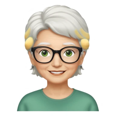 White hair grandma, green eyes, hair to shoulder, lokeg black glasses, rectangles face, smile , sticker