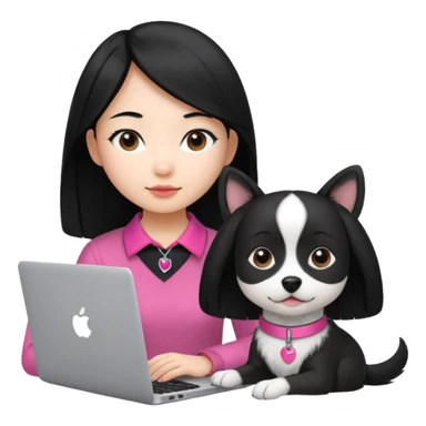 Asian girl with long black hair working on an Apple laptop, next to her is a small black and white dog with pink collar on  sticker