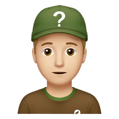 white fat man with brown cap and green t shirt printeed a question mark sticker