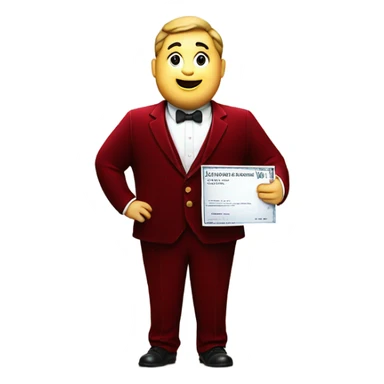 fat guy in dark red velvet suit holding cheque sticker