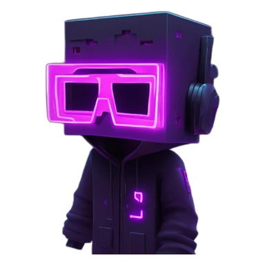 Minecraft Creeper wearing a black hoodie with "OMG" letters on it and VR headset in a cyberpunk VR environment with violet neon lighting. sticker