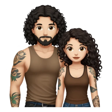 a pretty bratz fair girl with black long curly hair in a brown tank top with tattoos standing with a handsome tattooed tall guy sticker