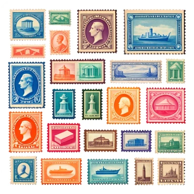 Icon for Stamp Collecting: a collection of vintage and colorful stamps arranged in an album or on a desk, with a large stamp block in the center showcasing different themes. The icon should reflect the charm and history of philately. Transparent background. sticker