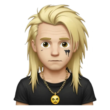 make a iphone emoji who is a white man that looks punk with messy blonde long hair with a black punk shirt and a golden neckless sticker