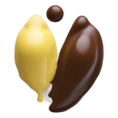 1 Chocolate quenelle and 1 vanilla quenelle on glass plate with 3 small drops of yellow sauce sticker