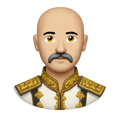 a Cossack warrior, The Cossack has a shaved head and a long strand of hair on one side. He has a thick, curved mustache and wears a gold earring in his left ear. He is wearing a simple Ukrainian embroidered shirt sticker