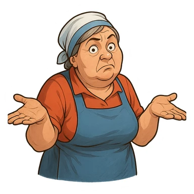 В позе этого мема сгенерируй типичную российскую продавшицу в продуктовом магазине, которая недоуменно разводит руками, слегка рисованный, но при этом объемный стиль, прозрачный фон sticker