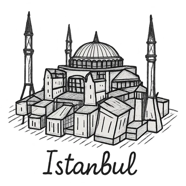 Isometric illustration of Istanbul, featuring real photorealistic Hagia Sophia with ts large central dome and four tall minarets, with real transparent background sticker