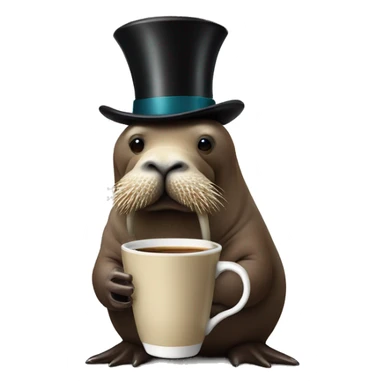 walrus drinking hot cup of coffee with a tophat sticker