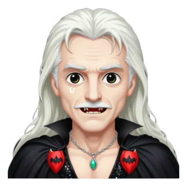 Dracula with long white hair, black sequin baggy pants, shirtless with necklace, black sequin cape sticker
