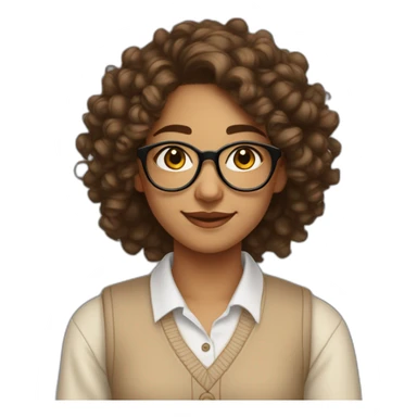 smiling indian teenage girl with curly hair and glasses wearing a collared long sleeve white shirt under a beige v shaped collar sweatervest with no buttons sticker