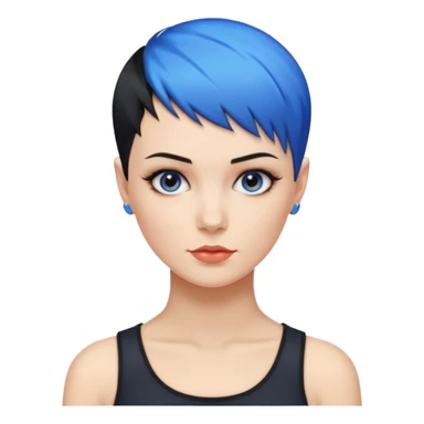 frau, kein kind freche extreme schwarze Kurzhaarfrisur eine Seite wirklich fast keine Haare andere Seite mit blauer Strähne kurze Seite noch viel kürzer sticker